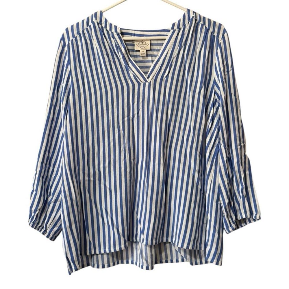 St Johns Bay Women Size Medium Striped Popover Blouse Nautical Rayon Modern City